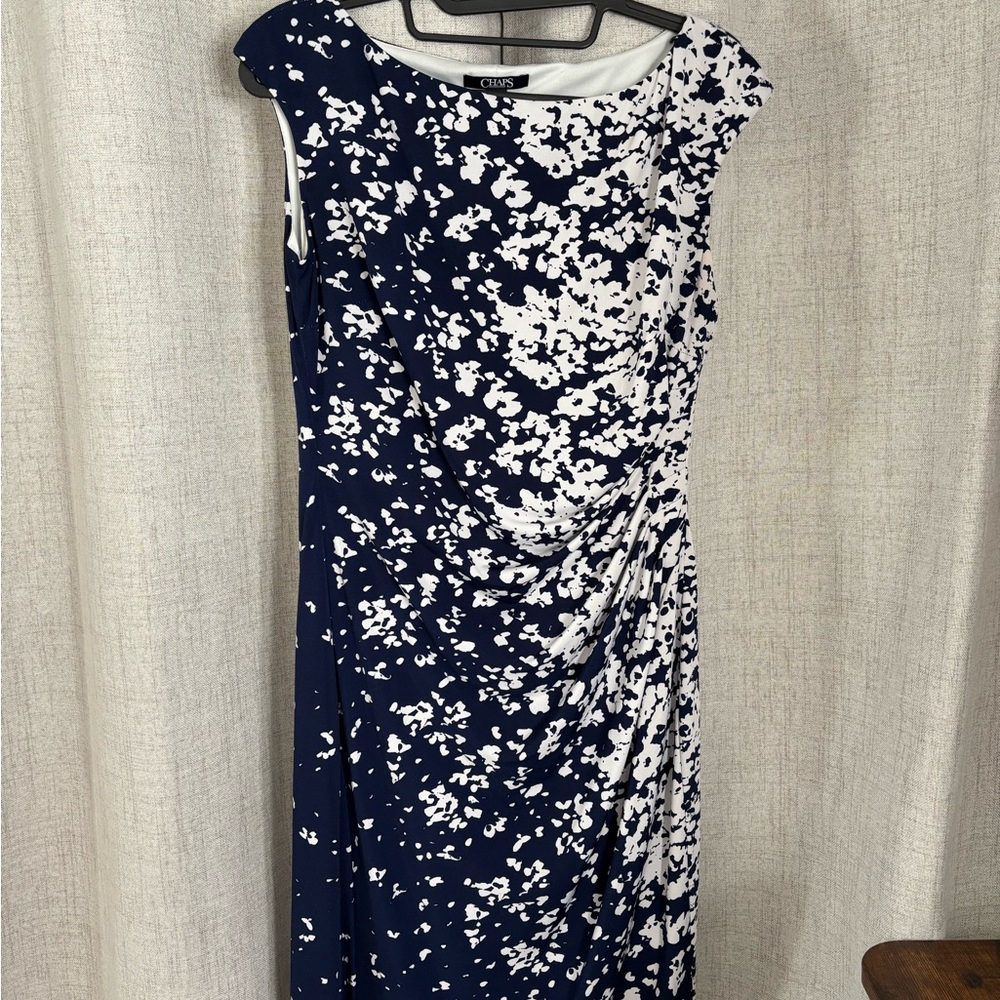 Chaps Blue and White Asymmetrical Fitted Cocktail Dress